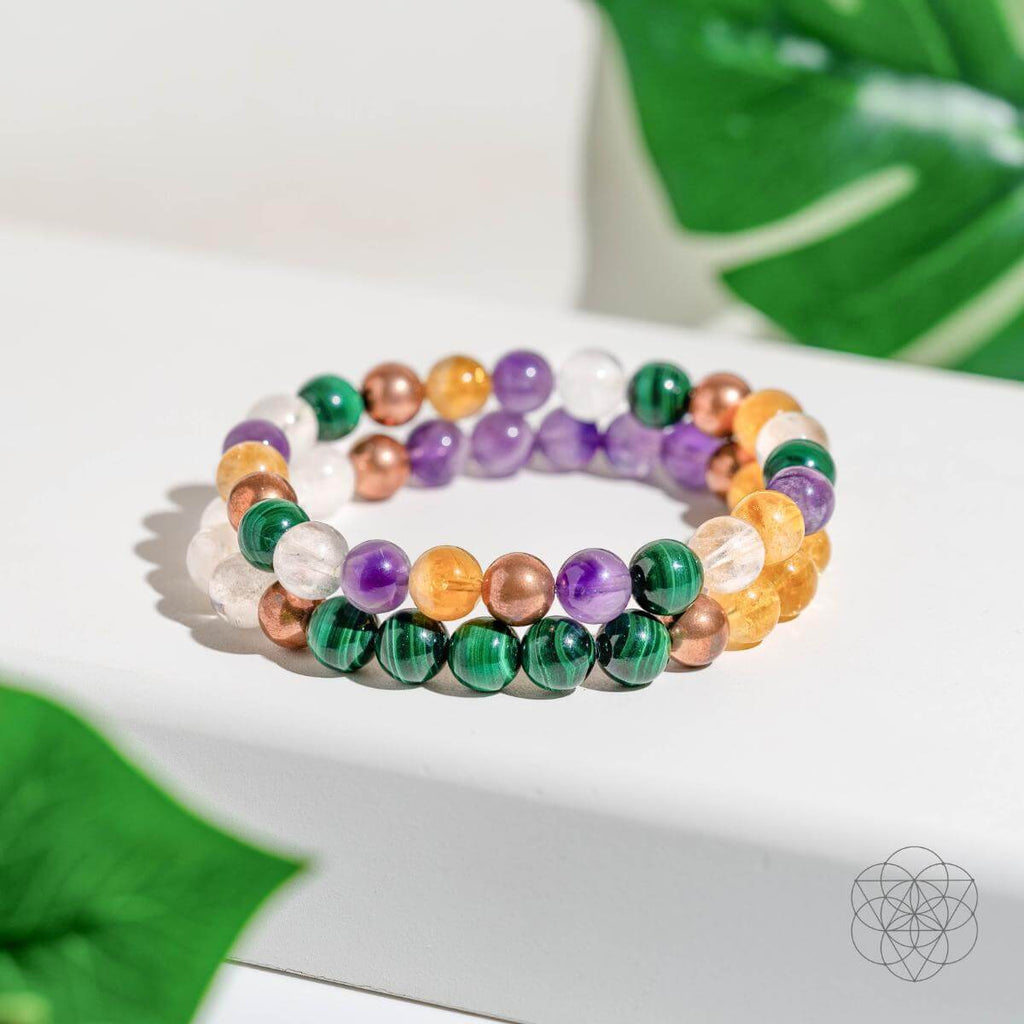 Colorful beaded bracelets on a white surface with green leaves in the background