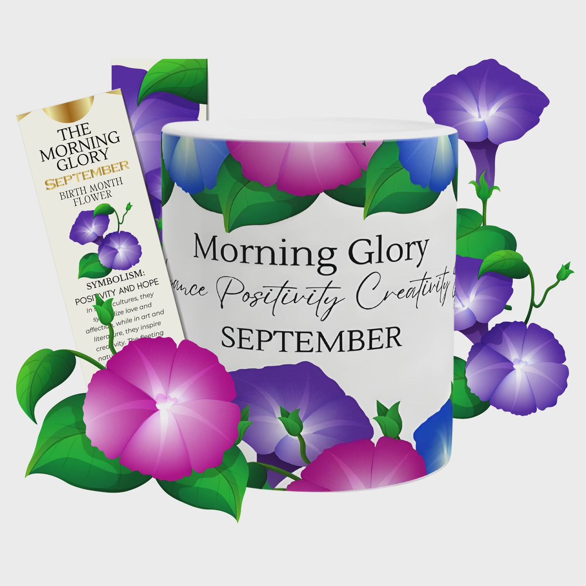 September Morning Glory birth flower mug with elegant floral design, perfect September birthday gift and botanical coffee cup for flower lovers.