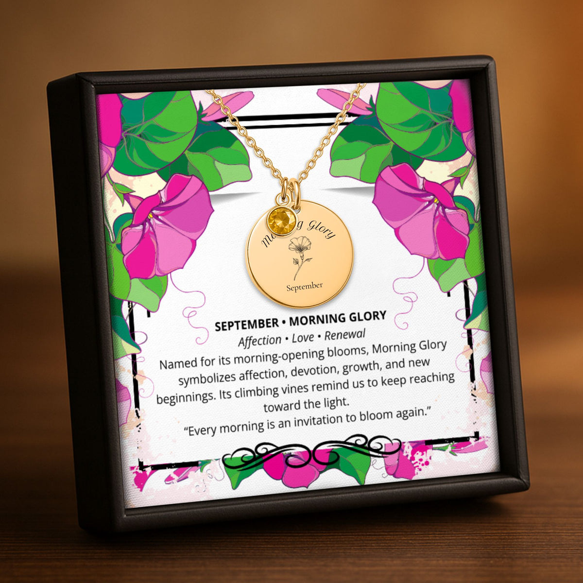 September Morning Glory Birth Flower Coin Necklace with Birthstone by OwnPrint
