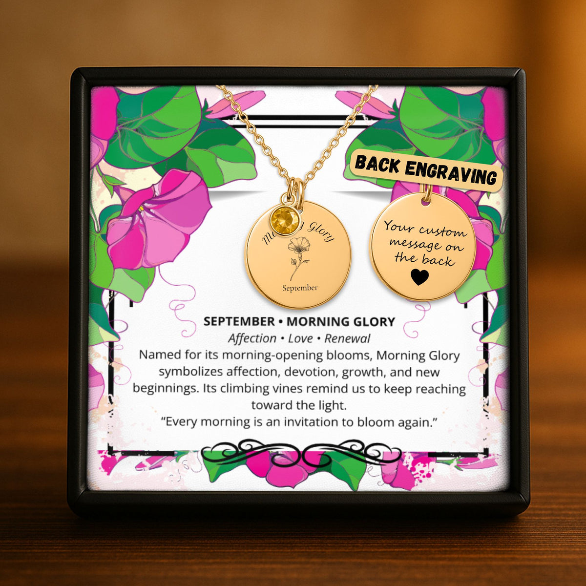 September Morning Glory Birth Flower Coin Necklace with Birthstone by OwnPrint