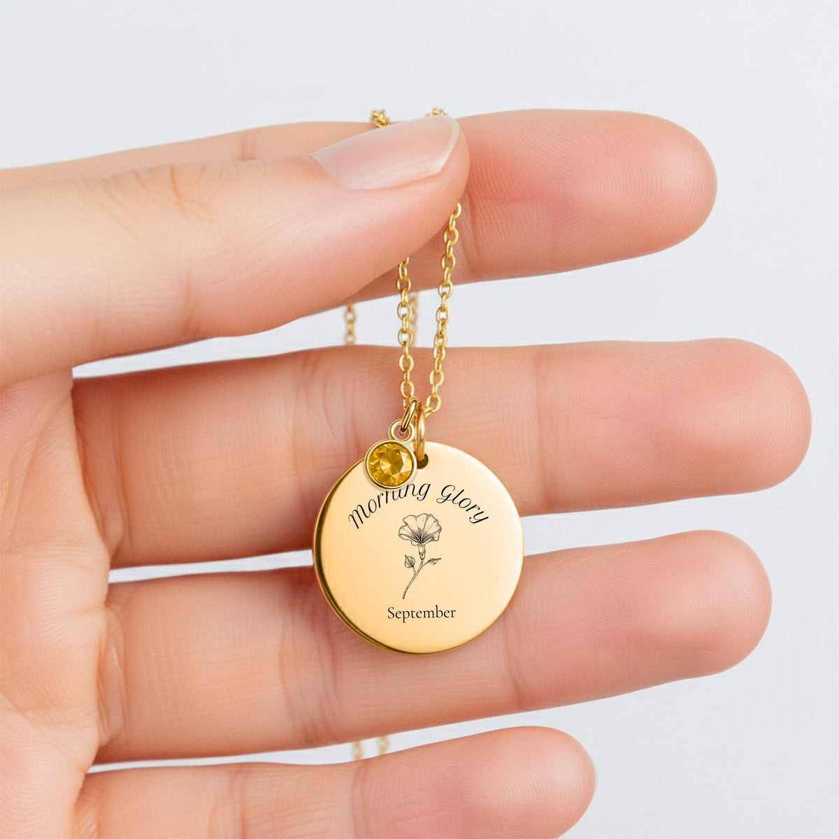 September Morning Glory Birth Flower Coin Necklace with Birthstone by OwnPrint