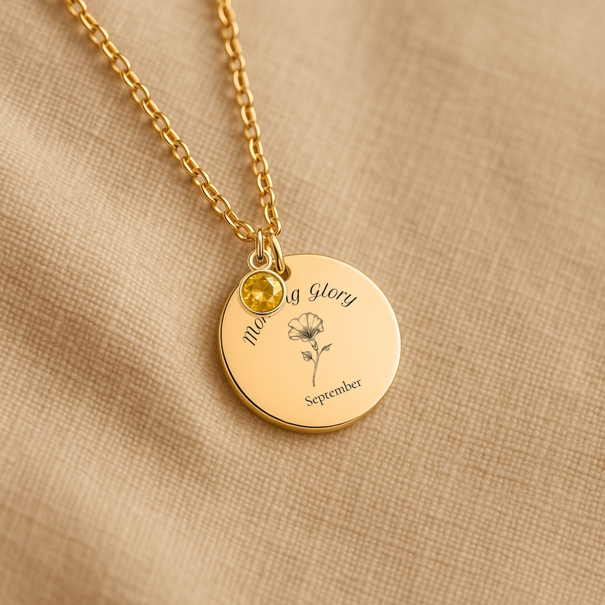 September Morning Glory Birth Flower Coin Necklace with Birthstone by OwnPrint