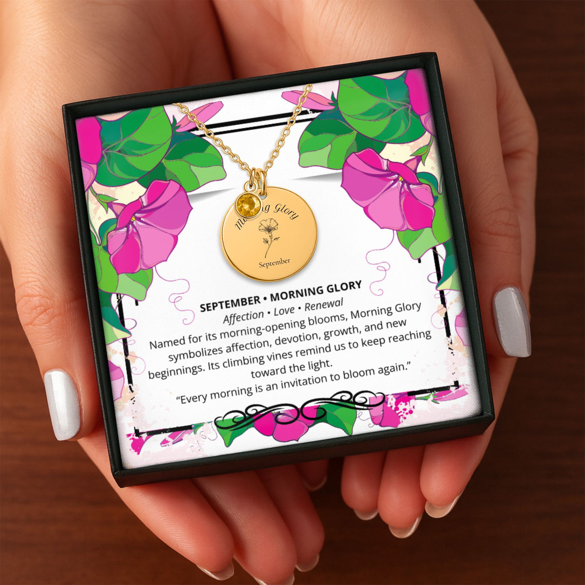 September Morning Glory Birth Flower Coin Necklace with Birthstone by OwnPrint