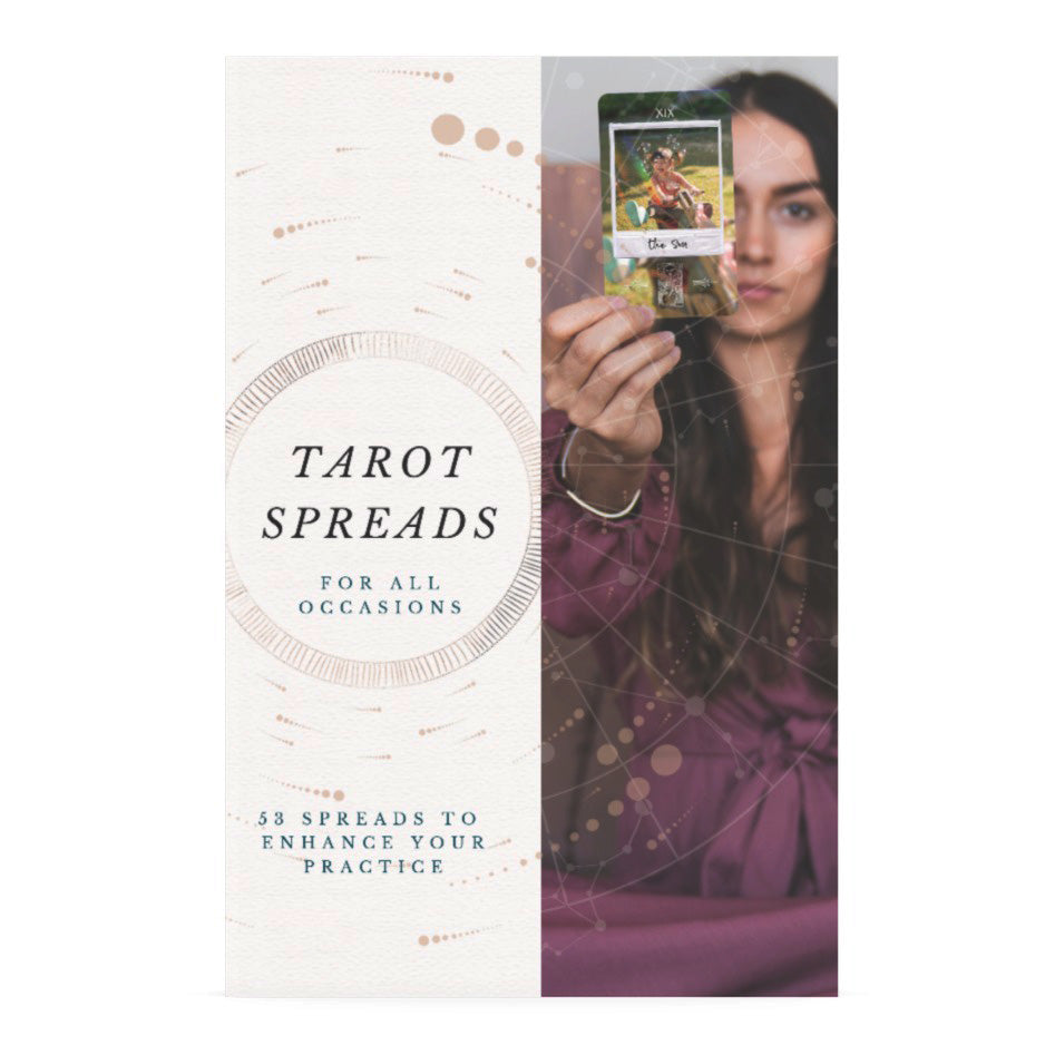 Book titled 'Tarot Spreads for All Occasions' with a person holding tarot cards on a white background.