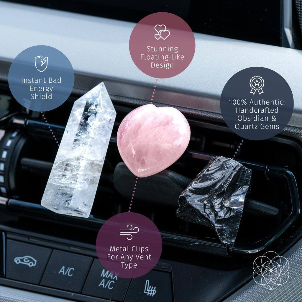 Decorative car air freshener with crystals on a car vent, featuring text about product features.