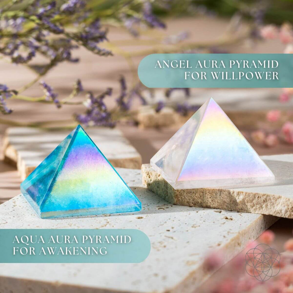 Two crystal pyramids on a natural surface with text indicating their uses.