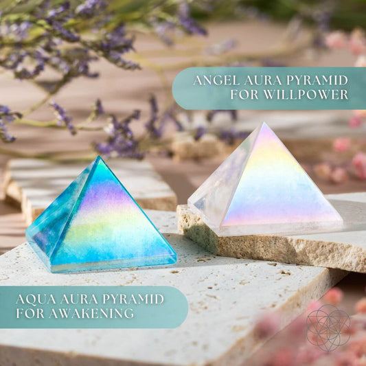 Two crystal pyramids on a natural surface with text indicating their uses.