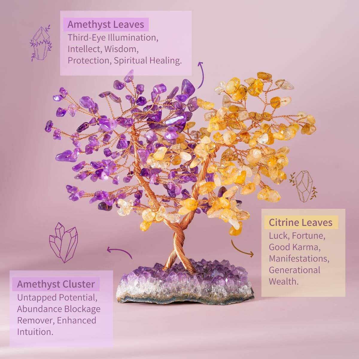 Decorative crystal tree with amethyst and citrine elements on a pink background