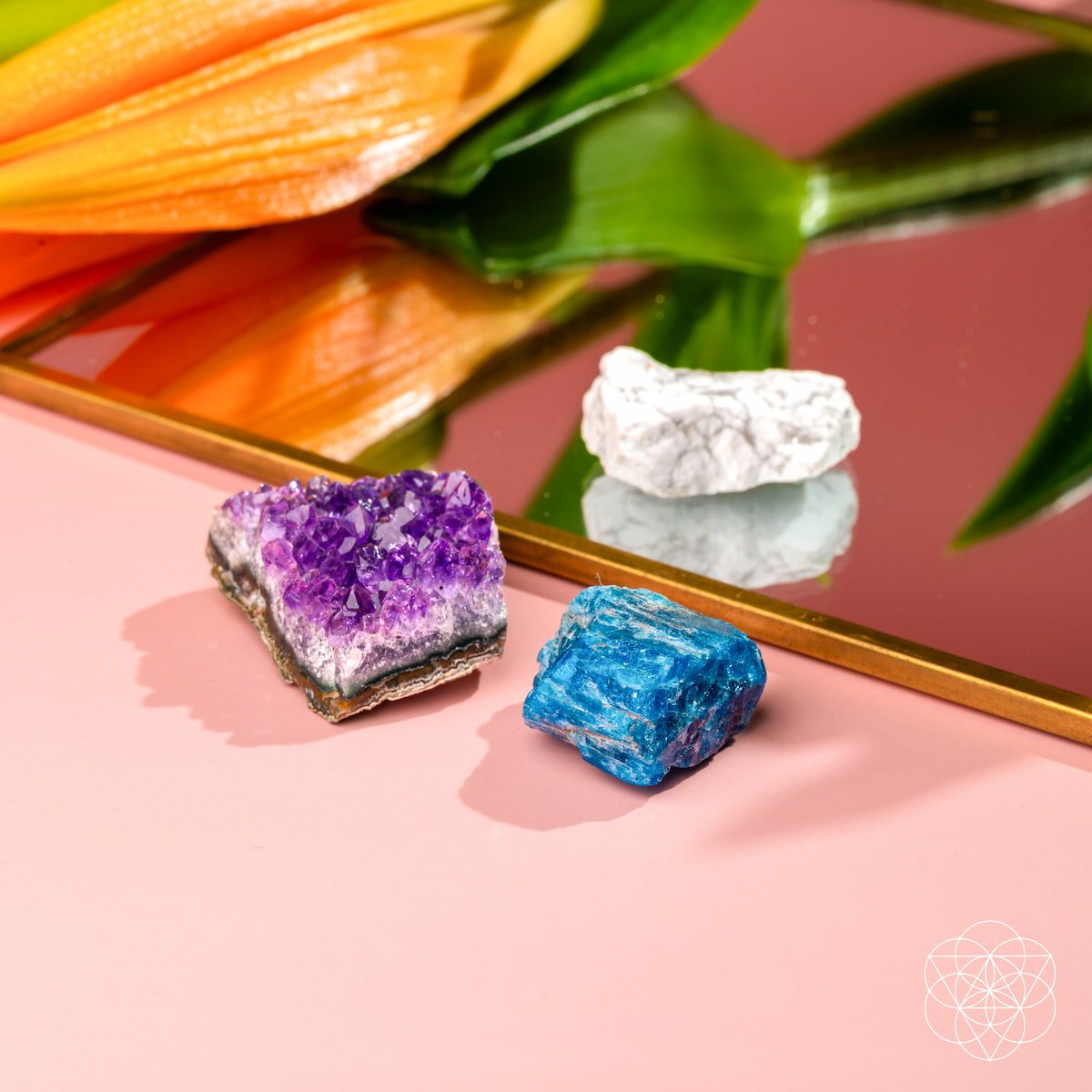 Three colorful crystals on a reflective surface with a floral background