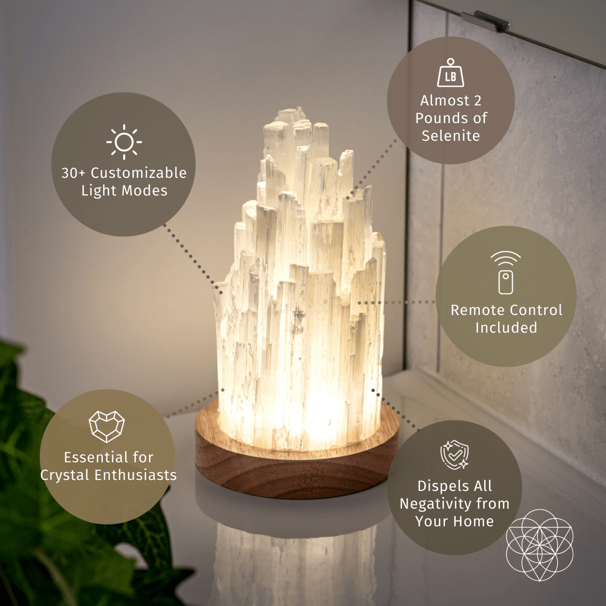 Crystal lamp with light modes and features on a neutral background
