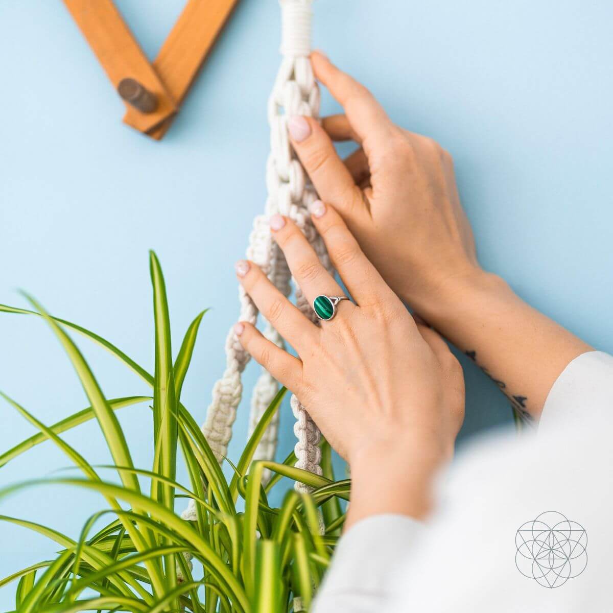 Hands holding a macrame plant hanger with a light blue background