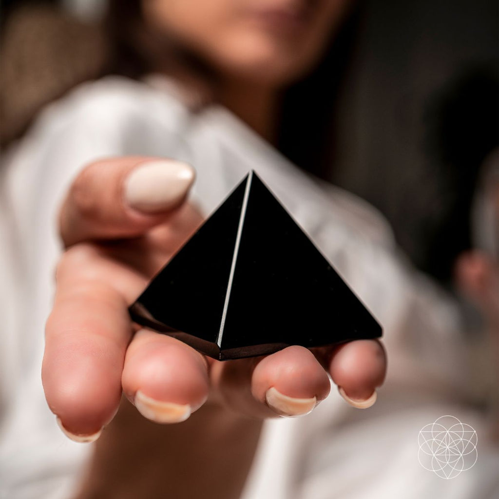Person holding a black triangular object with a blurred background