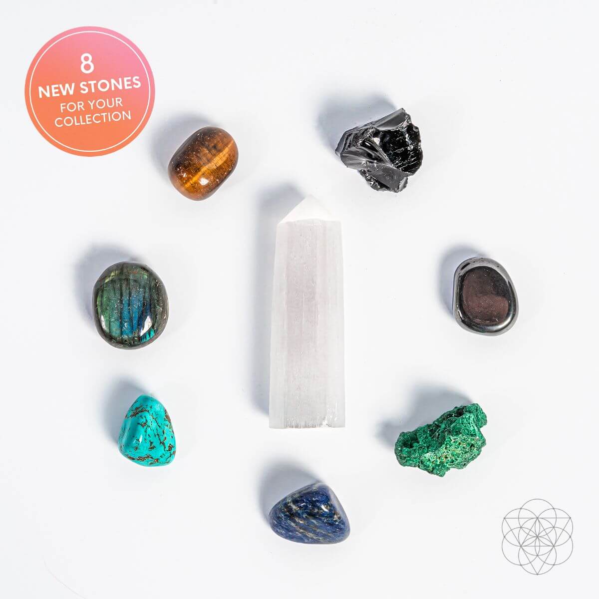 Collection of various stones on a white background with text '8 New Stones for Your Collection'.