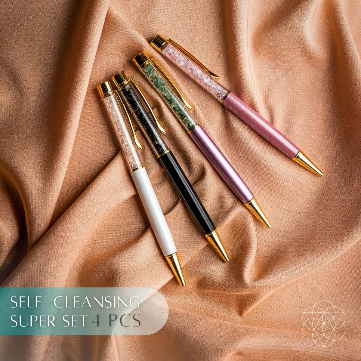 Set of four decorative pens on a beige fabric background with text 'Self-Cleansing Super Set 4 PCS'.