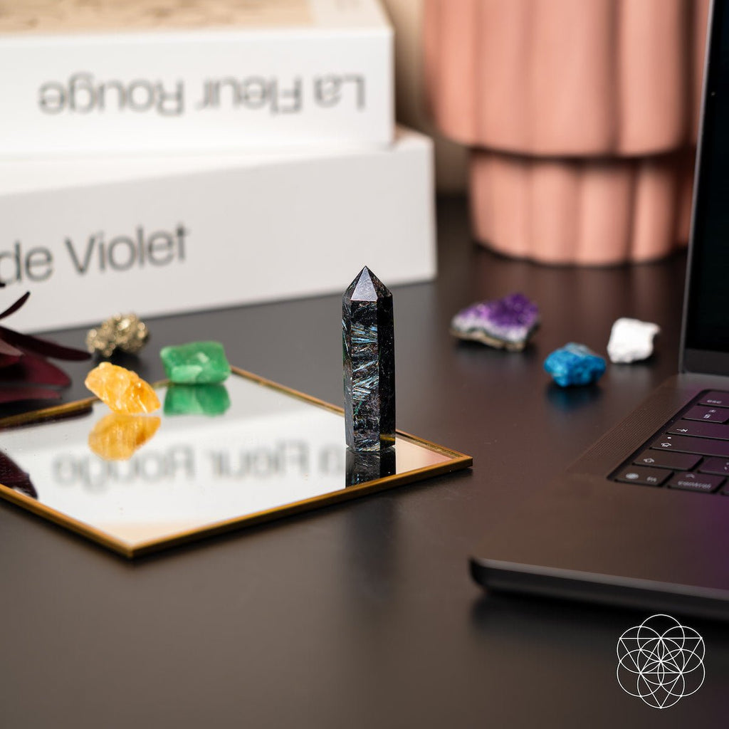 Crystal on a laptop with 'La Fleur Rouge' packaging in the background