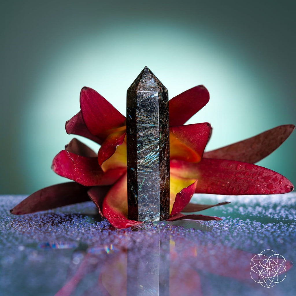 Crystal tower with red flower petals on a reflective surface